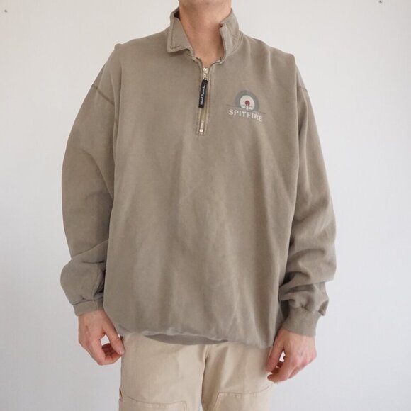 Vintage '90S Bulletin Spitfire Plane Dog Fight Green Quarter Zip Sweater 2XL - Picture 2 of 11